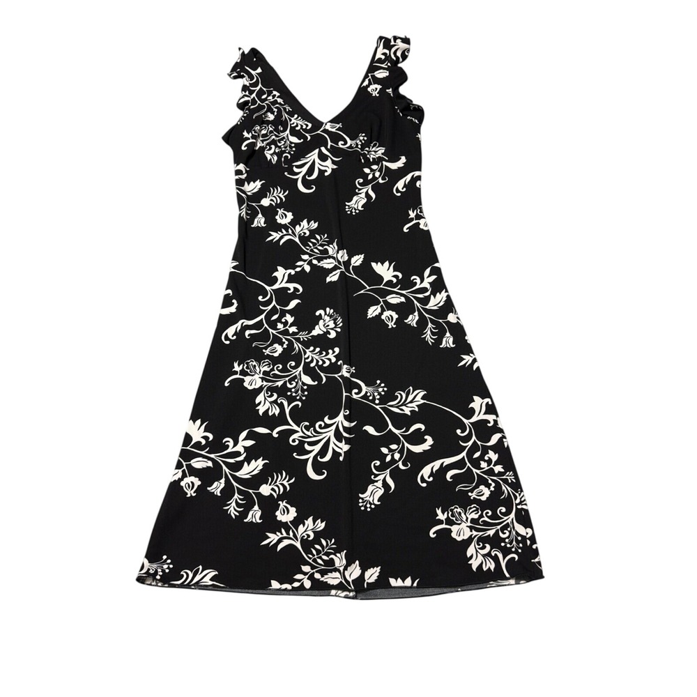 VTG La Belle Floral Midi Dress Black White Ruffle Sleeve Made USA Womens L 90s